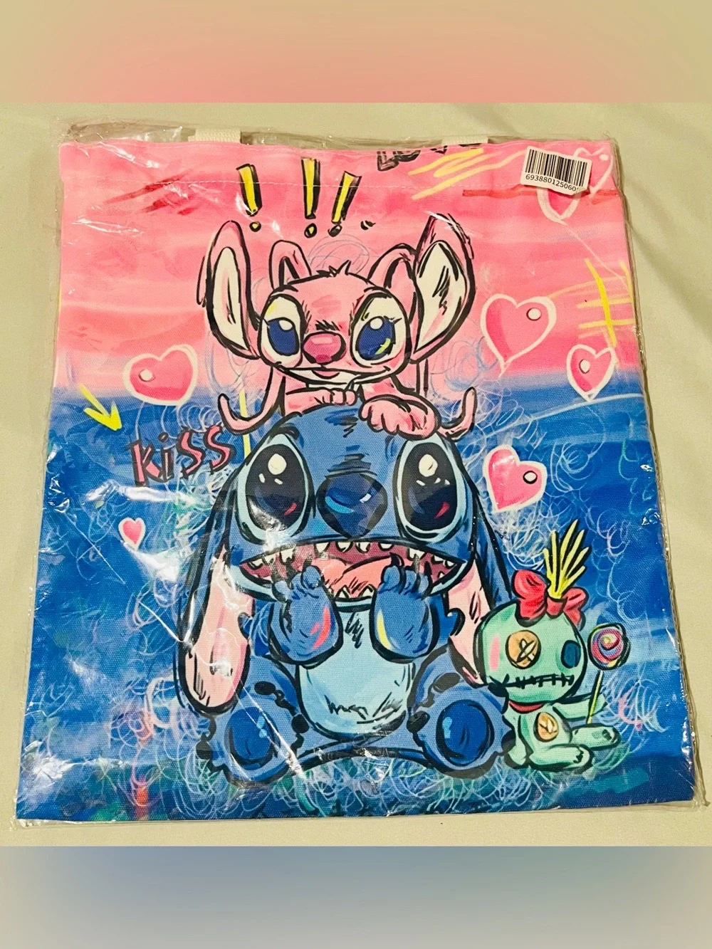 Angle & Stitch Pink and Blue Cartoon Character Tote Bag